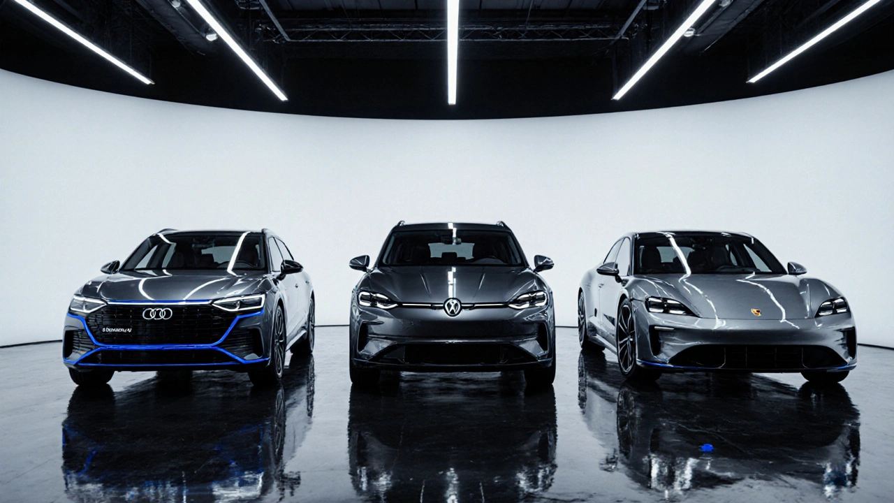 Audi e‑tramontana, VW ID.4 y Porsche Taycan alineados en un showroom moderno.