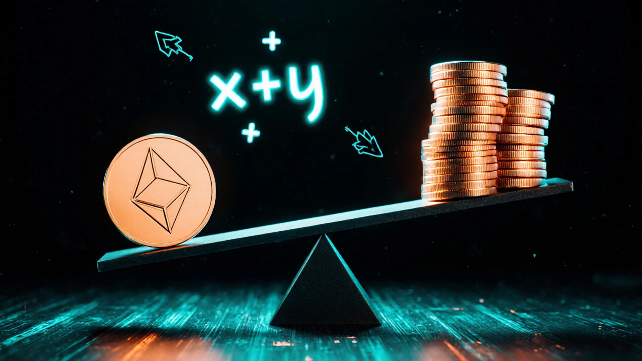 Balanza con ETH y USDT inclinada por un aumento de precio, con fórmula matemática de liquidez visible al fondo.