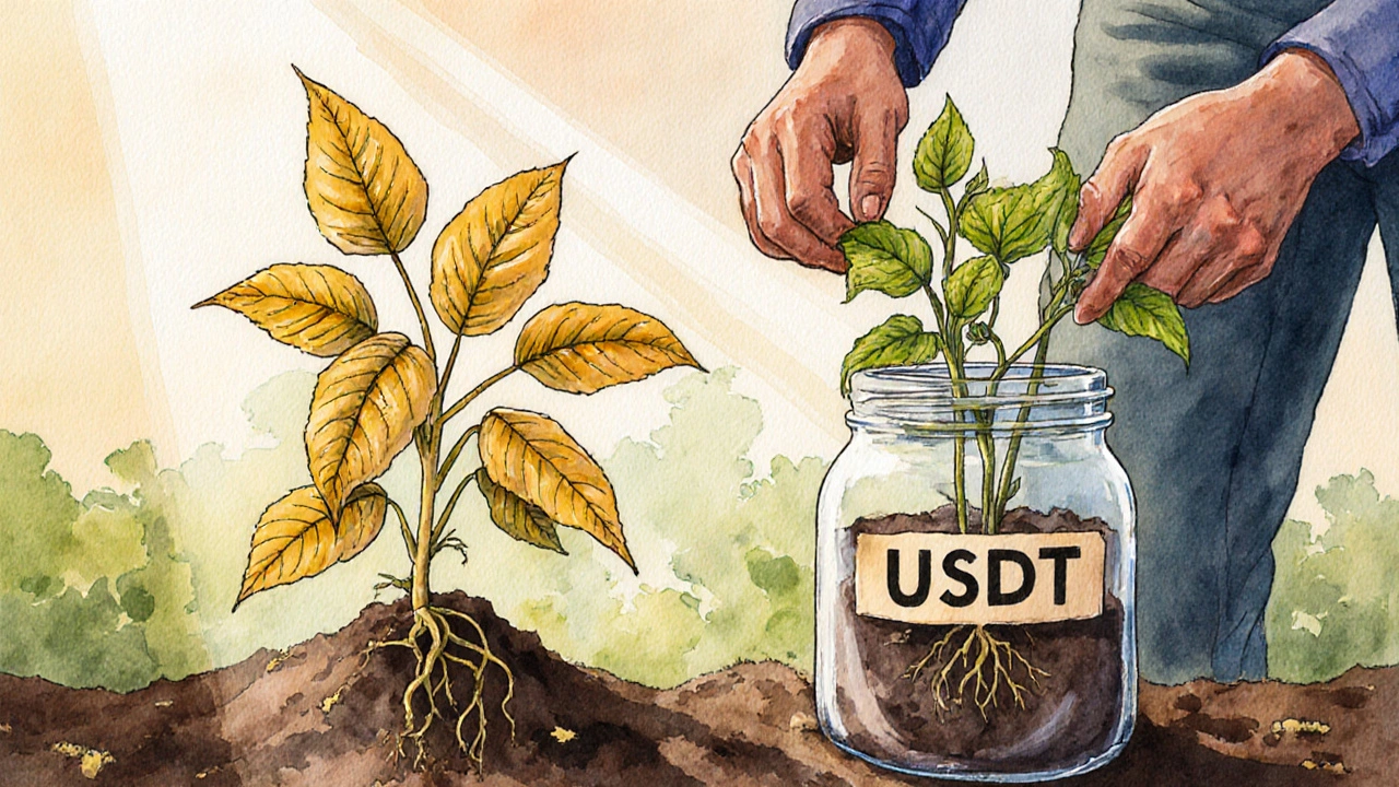 Dos plantas en un recipiente de liquidez, una creciendo rápidamente y la otra estable, simbolizando pérdida impermanente.