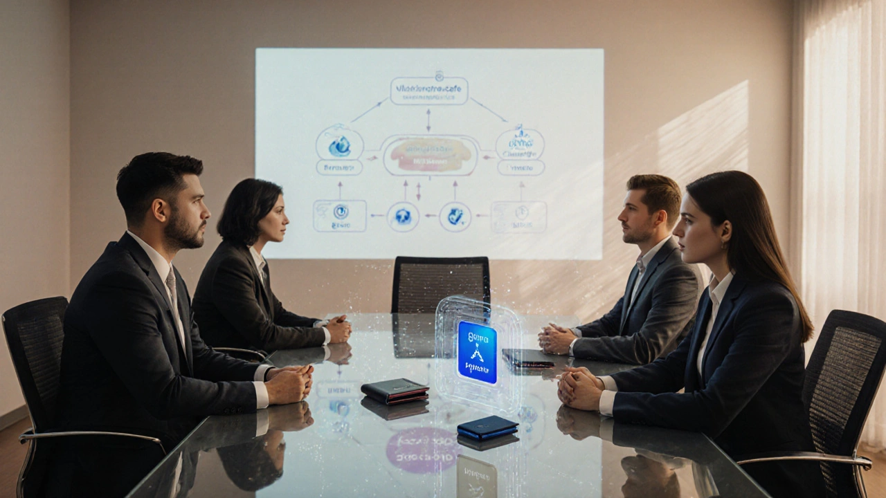 Equipo diverso discute en una sala con carteras hardware y una holografía de Gnosis Safe.
