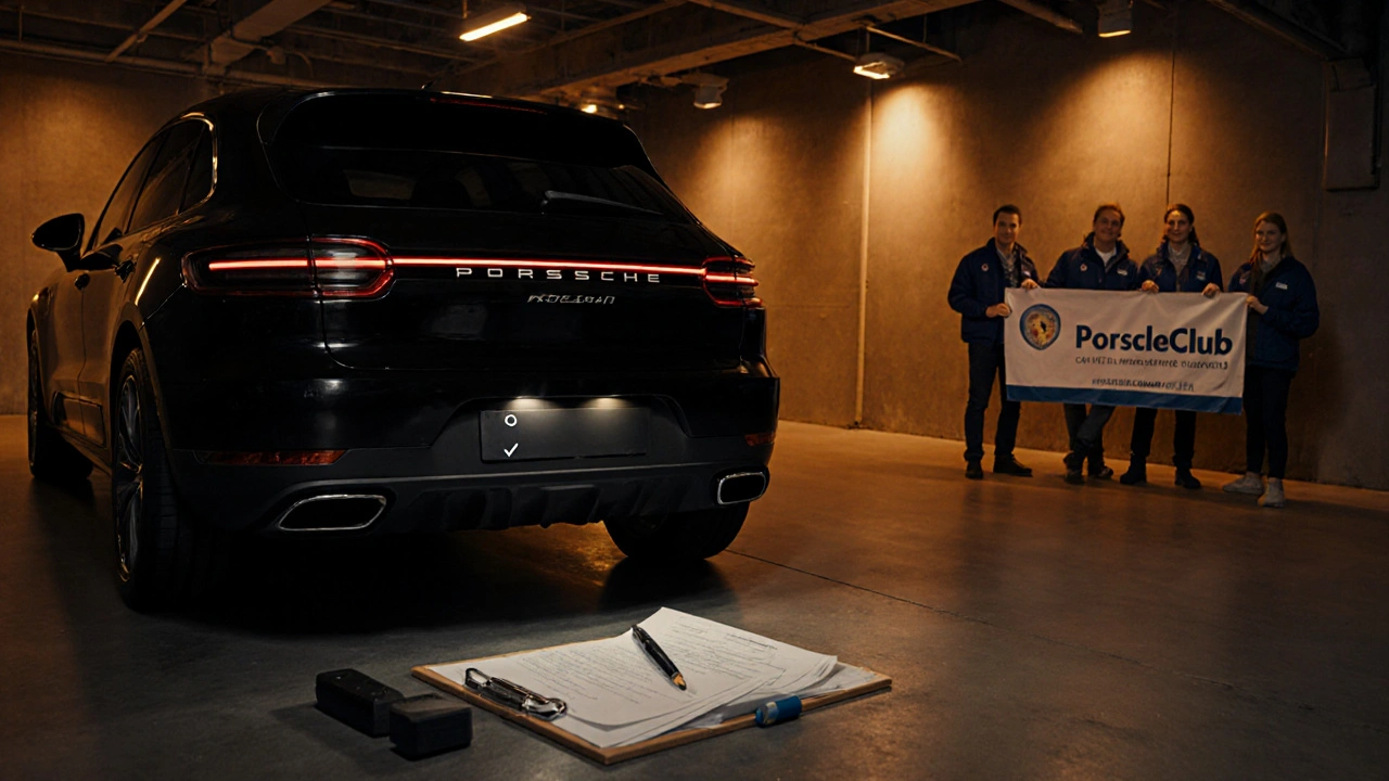 Escena nocturna de un Porsche con dispositivos antirrobo y gente de un club de propietarios.