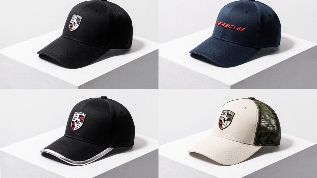 Ilustración de cuatro gorras Porsche: Classic, Design, Sport y Heritage en pedestales.