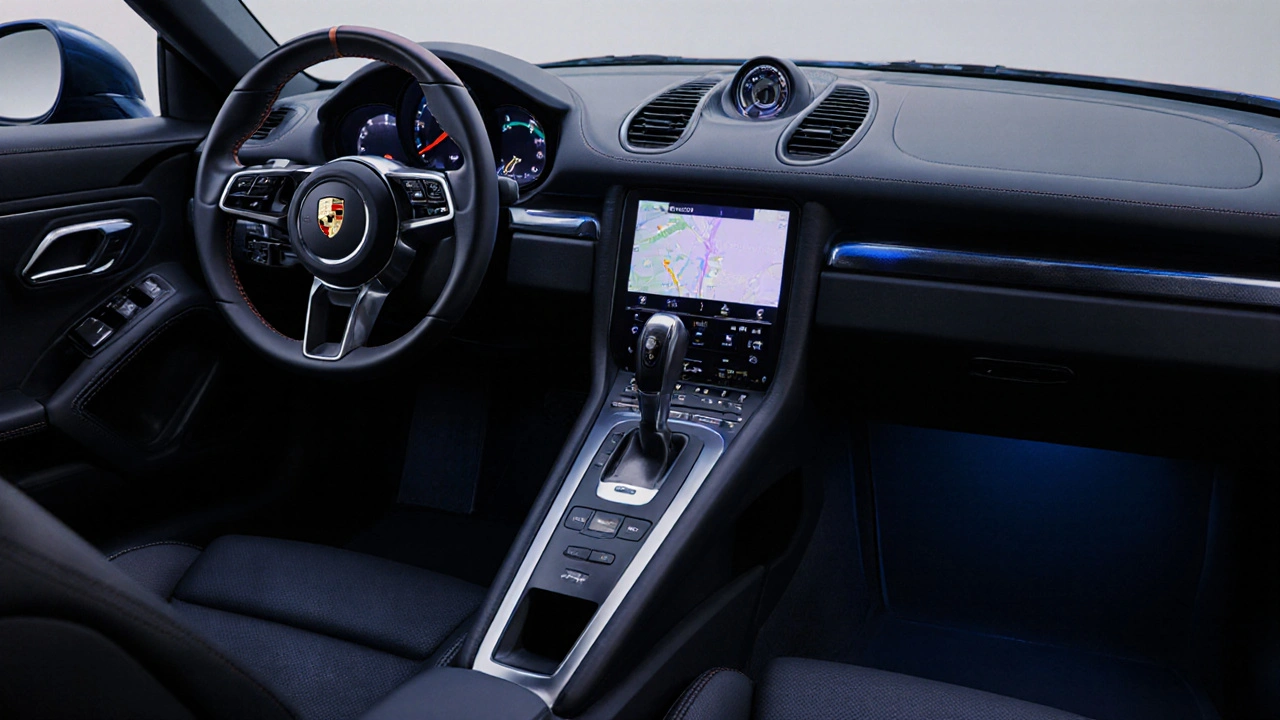 Interior del Porsche 718 Boxster con volante de cuero y pantalla táctil iluminada.