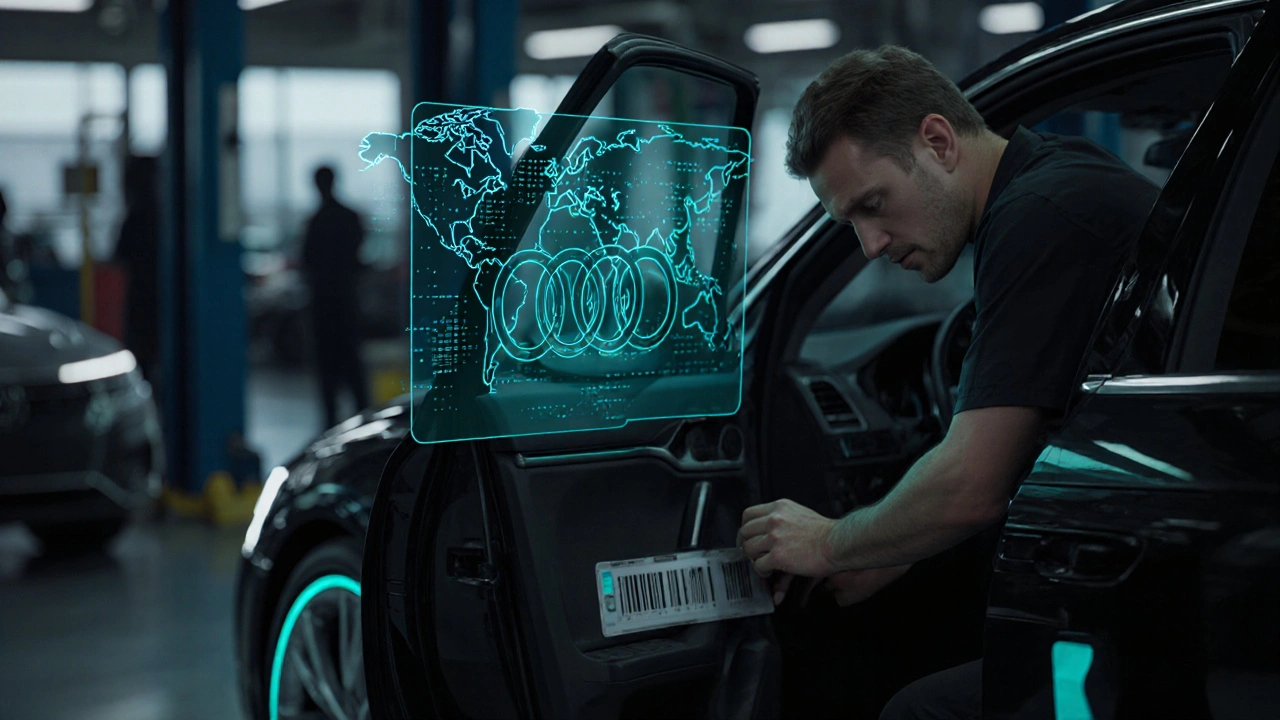 Mecánico revisando el VIN de un Audi con holograma de la red VAG.