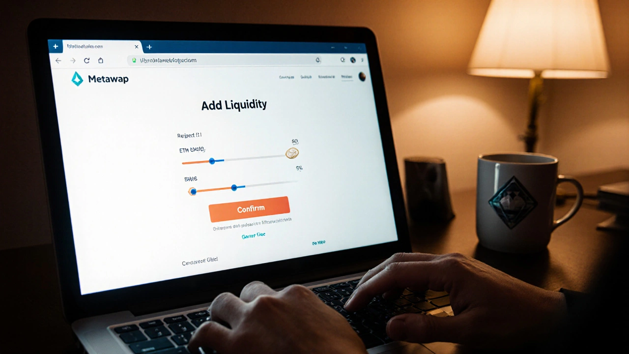 Persona confirma una transacción de liquidez en Uniswap usando MetaMask.