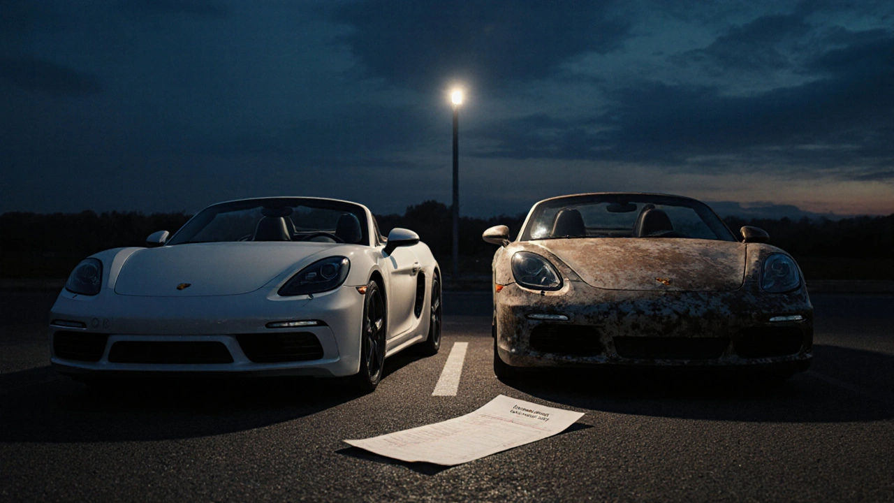 Porsche 718 Boxster nuevo junto a un modelo usado de 2008, con recibo de mantenimiento en el suelo.