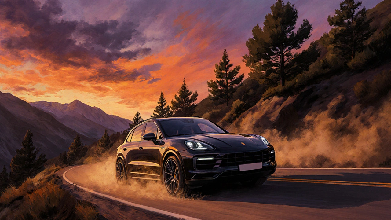 Porsche Cayenne Turbo GT speeding through a mountain pass in Valencia at twilight.