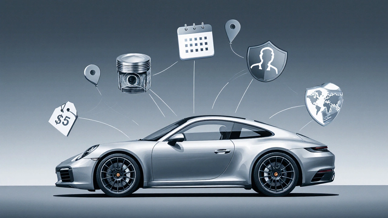 Porsche rodeado de íconos que representan factores de seguro como valor, motor y uso.