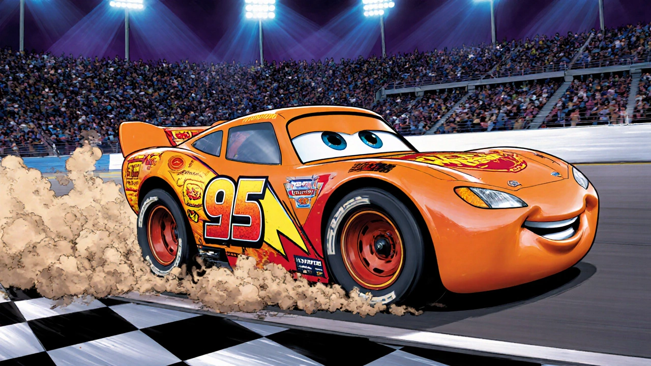 Rayo McQueen compitiendo en una pista estilo NASCAR con su distintivo número 95.