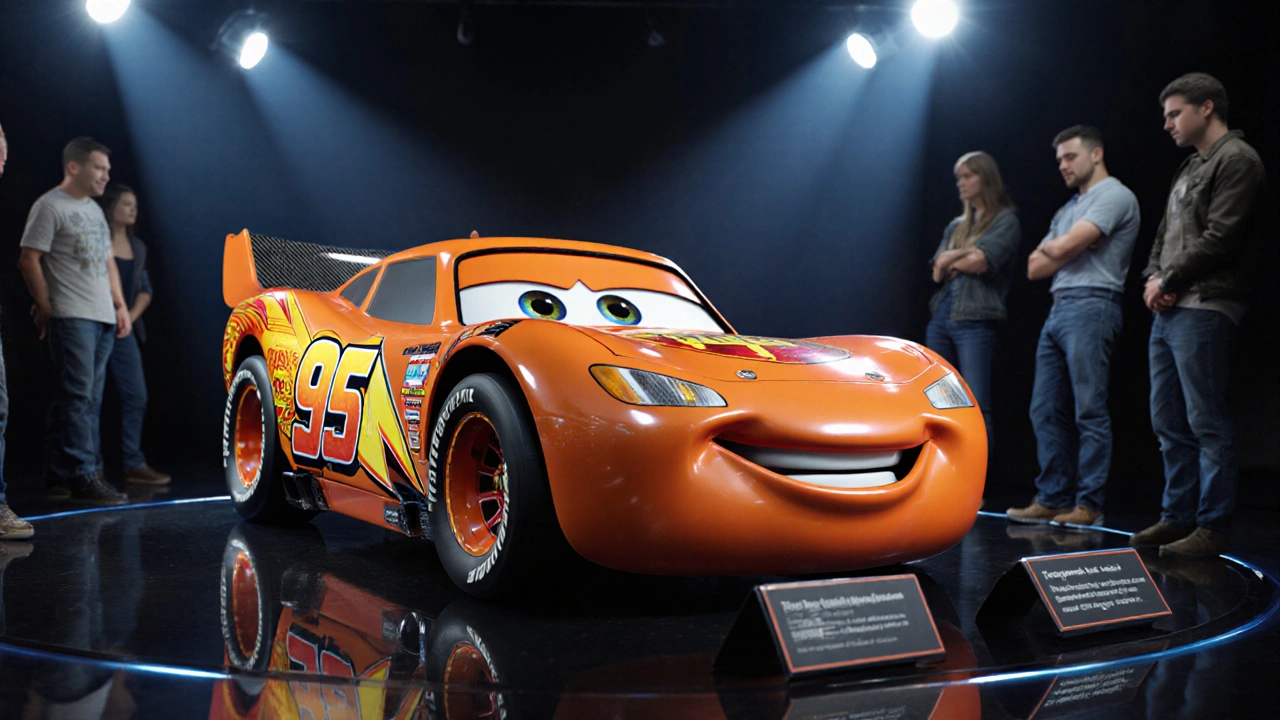 Réplica a escala real de Rayo McQueen exhibida en una exposición automotriz.