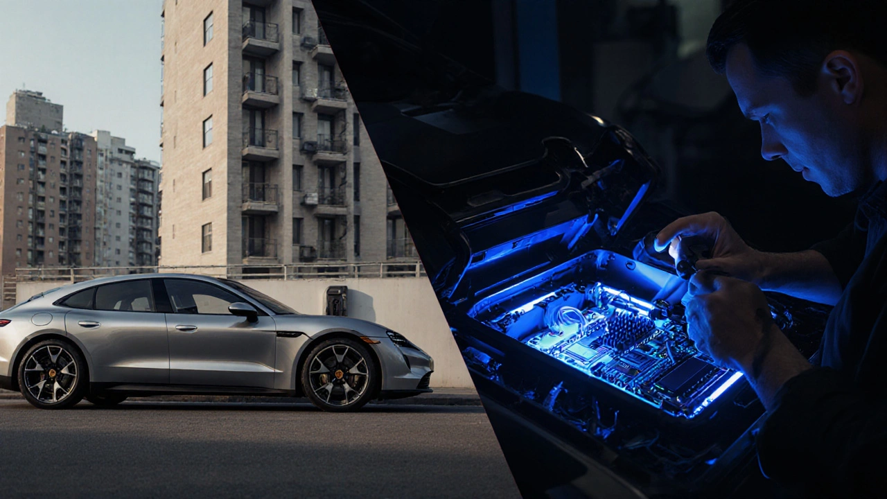 Split image: Porsche Taycan charging at home and mechanic inspecting its battery.