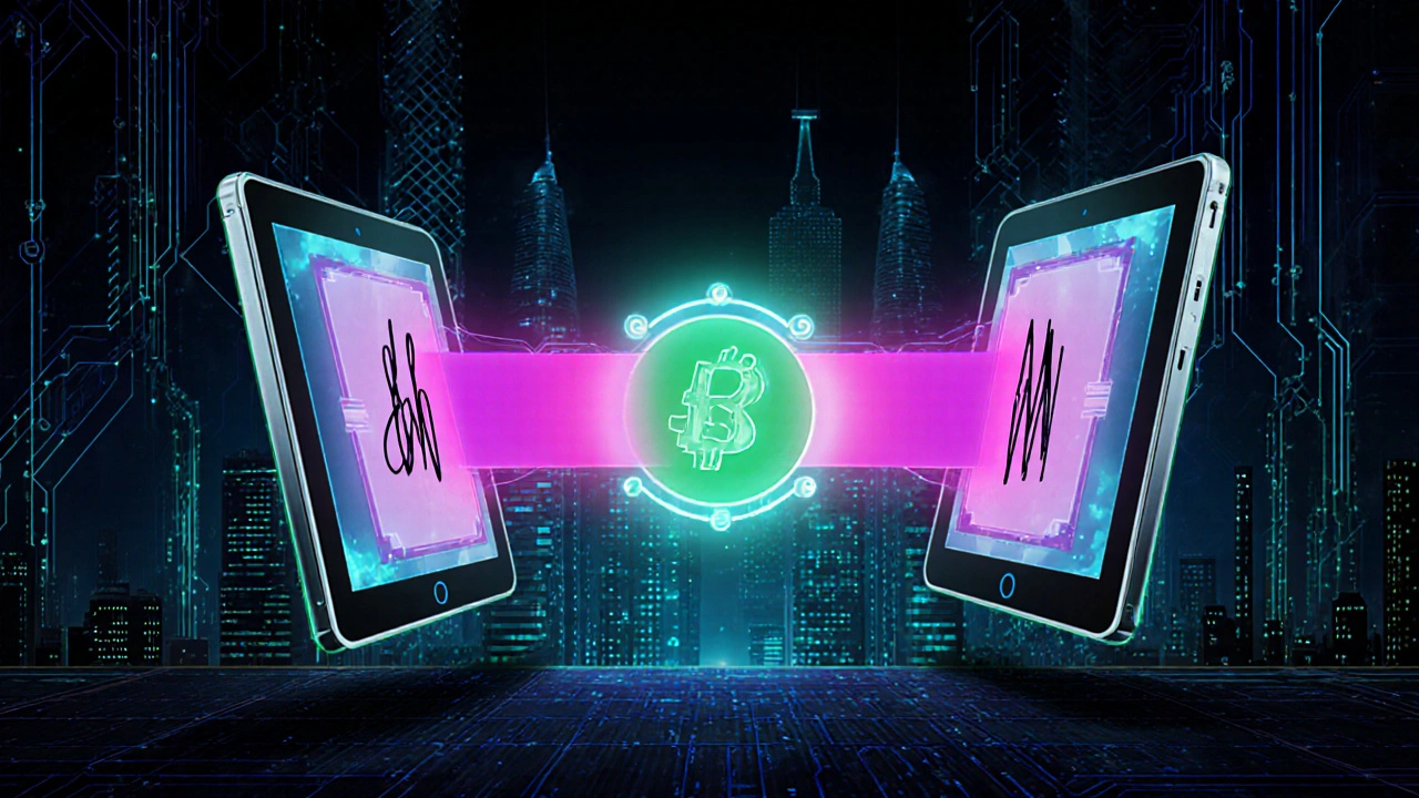 Tres tabletas holográficas añaden firmas a un hash que se ilumina en la cadena.