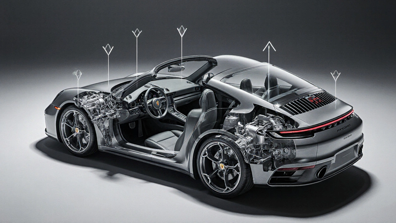 Vista cortada del Porsche 911 mostrando motor, transmisión, ruedas y cabina de lujo.