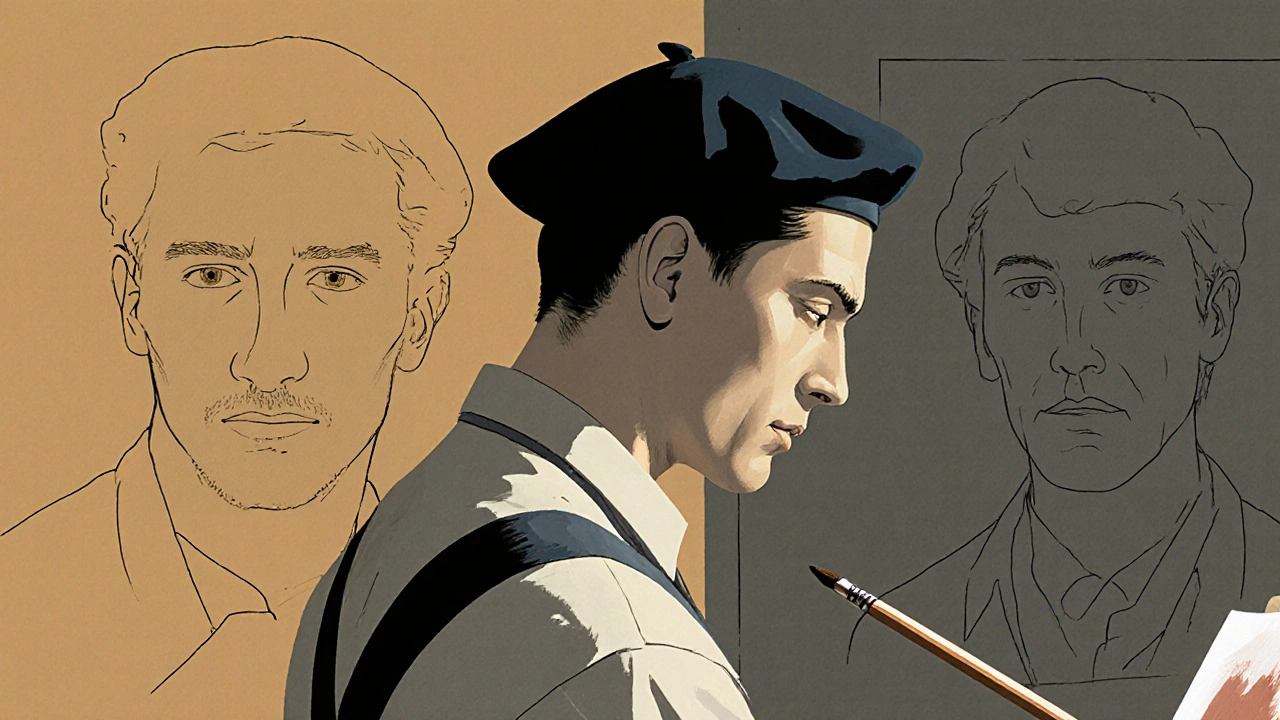 Artista parisina de los años 50 con beret inclinado y pincel en mano.