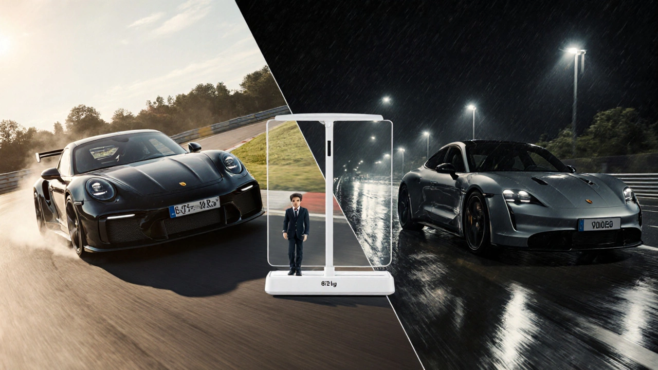 Comparación artística entre el GT2 RS en pista y el Taycan en ciudad, con diferencia de peso visible.