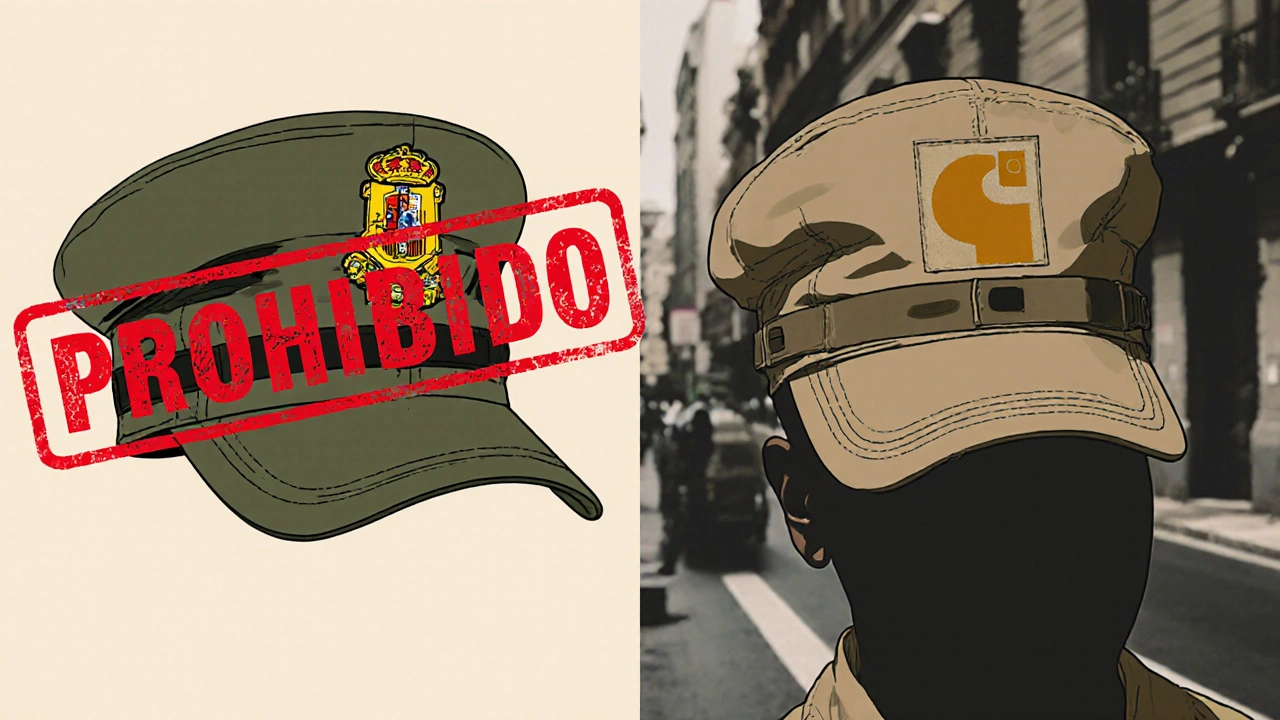 Comparación conceptual: gorra militar prohibida vs. versión legal de moda urbana en Madrid.