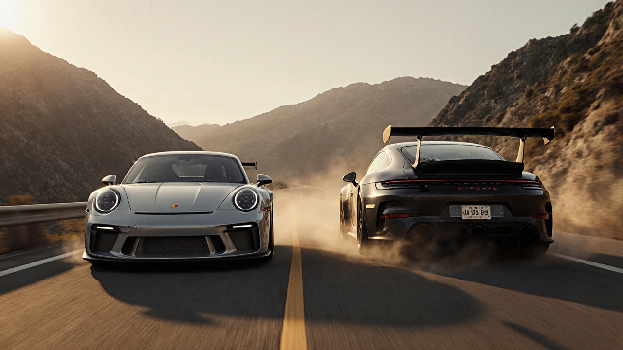 Comparación visual de un Porsche 911 GT3 y GT3 RS 2025 en movimiento por un camino montañoso con alerones distintivos.
