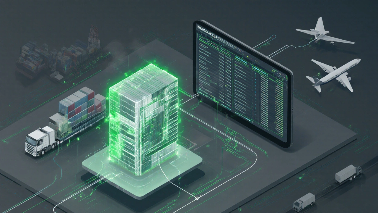 Contenedor de carga con un libro contable digital flotante mostrando transacciones inmutables y una interfaz de inventario en tiempo real.
