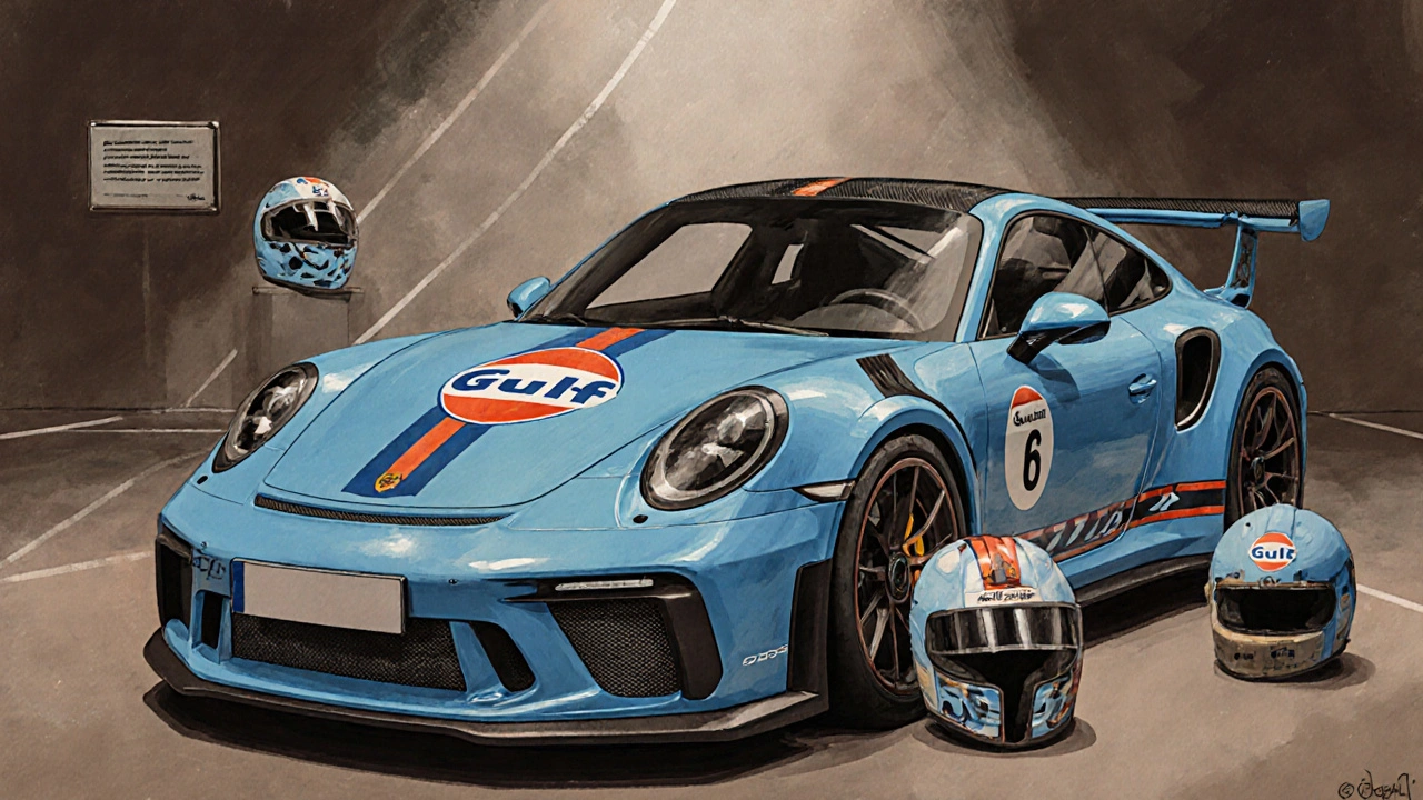 Edición limitada Porsche 911 GT3 RS Heritage en color Gulf Blue, exhibida como obra de arte con casco y placa numerada.