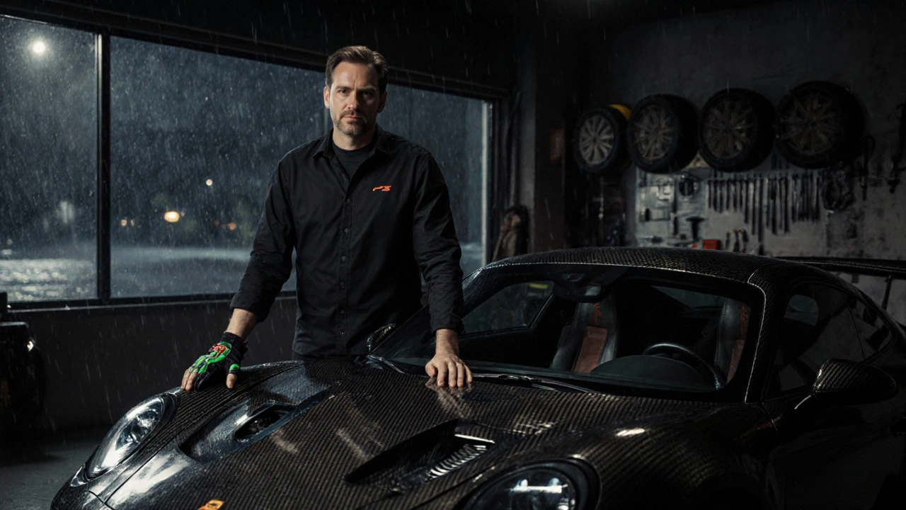 Entusiasta contemplando su GT3 RS en el garaje, con interior sin airbag y luces tenues, guantes de carrera en mano.