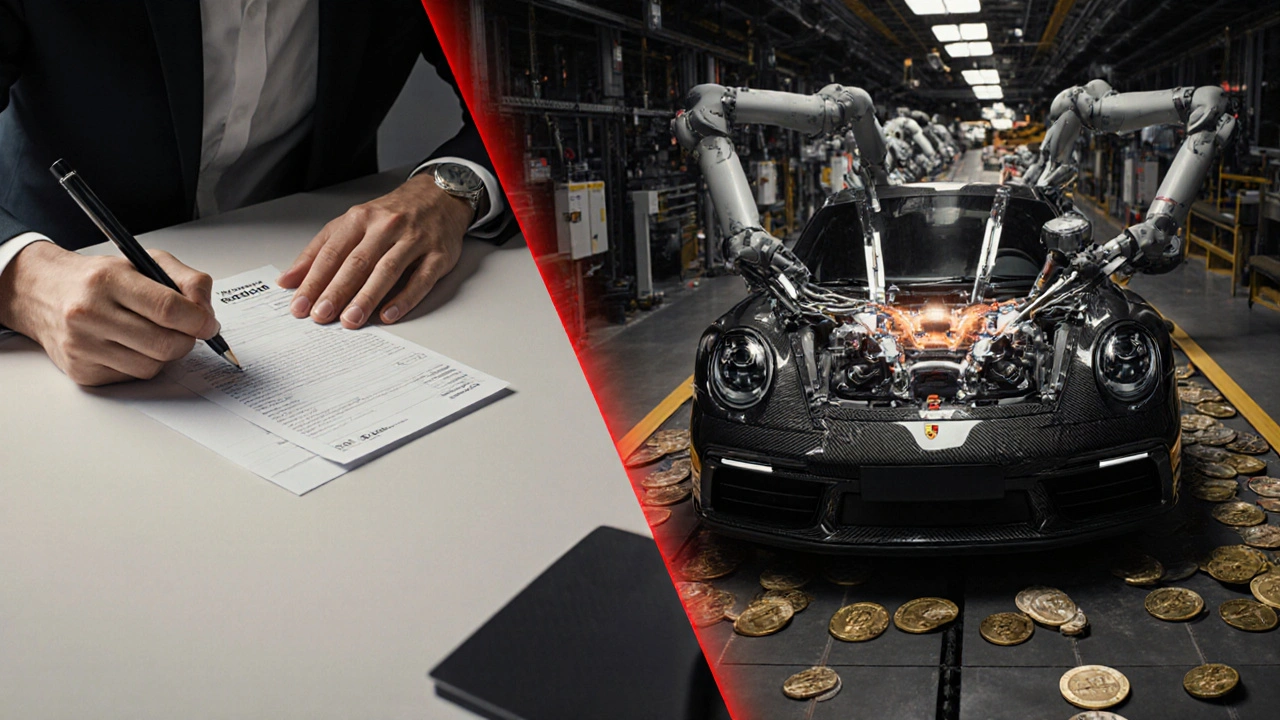 Escena conceptual: cliente firmando compra en concesionario y coche en línea de producción, conectados por un camino de euros.