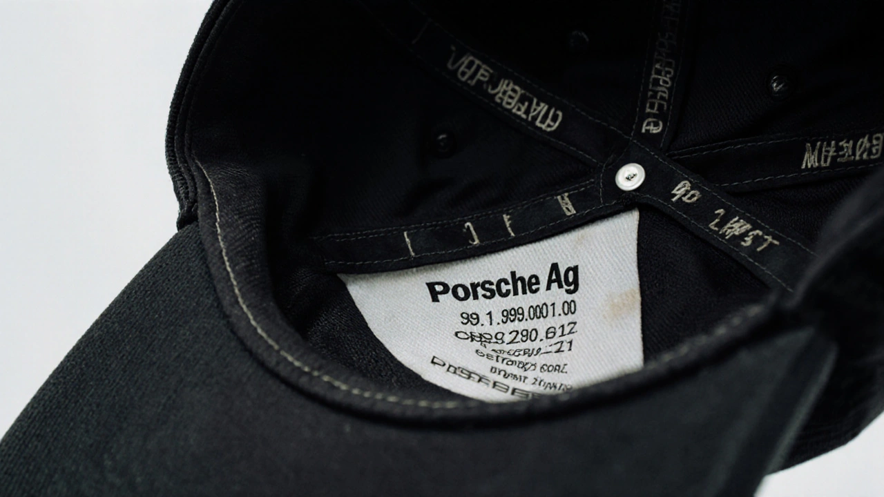 Etiqueta interna de autenticidad de una gorra Porsche con número de modelo y código de producción.
