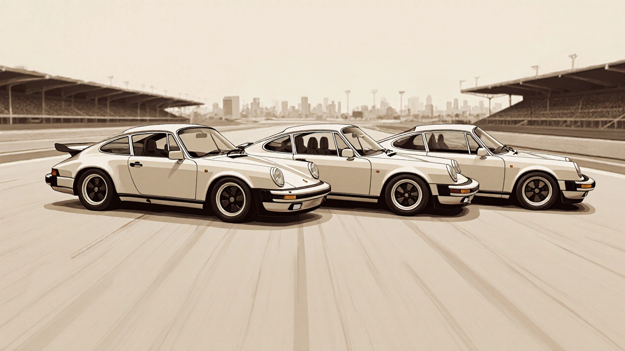 Evolución del Porsche 911 desde 1964 hasta 2024, mostrando cuatro generaciones con el mismo diseño distintivo.