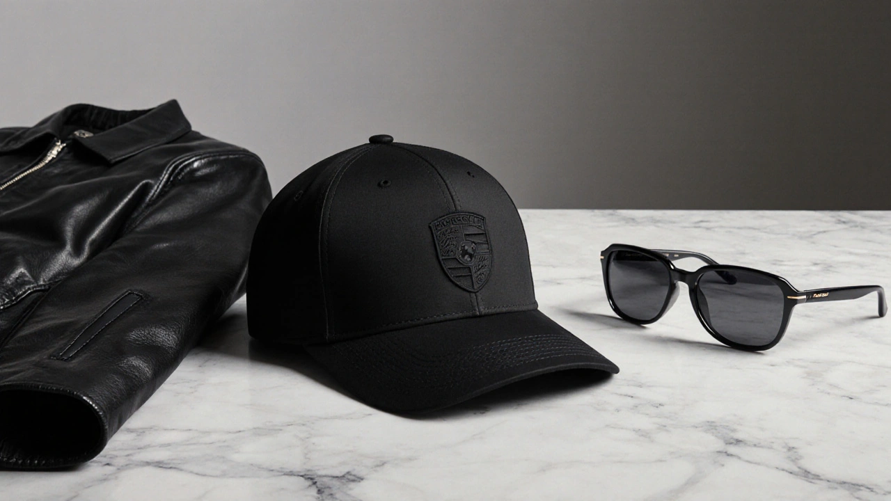 Gorra de diseño minimalista de Porsche en superficie de mármol, sin insignias, estilo de lujo.