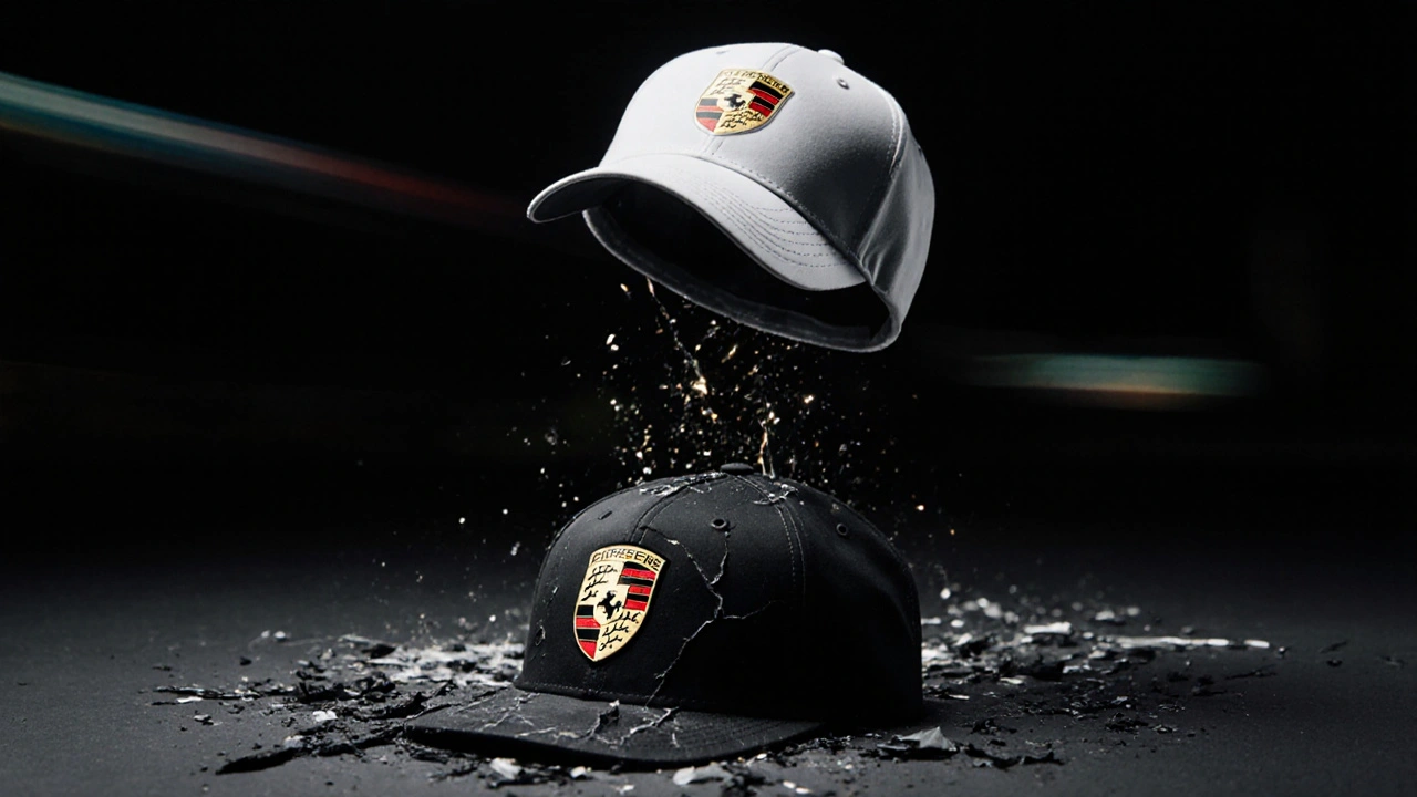 Gorra Porsche original flotando sobre una gorra dañada, simbolizando el cuidado versus el deterioro.