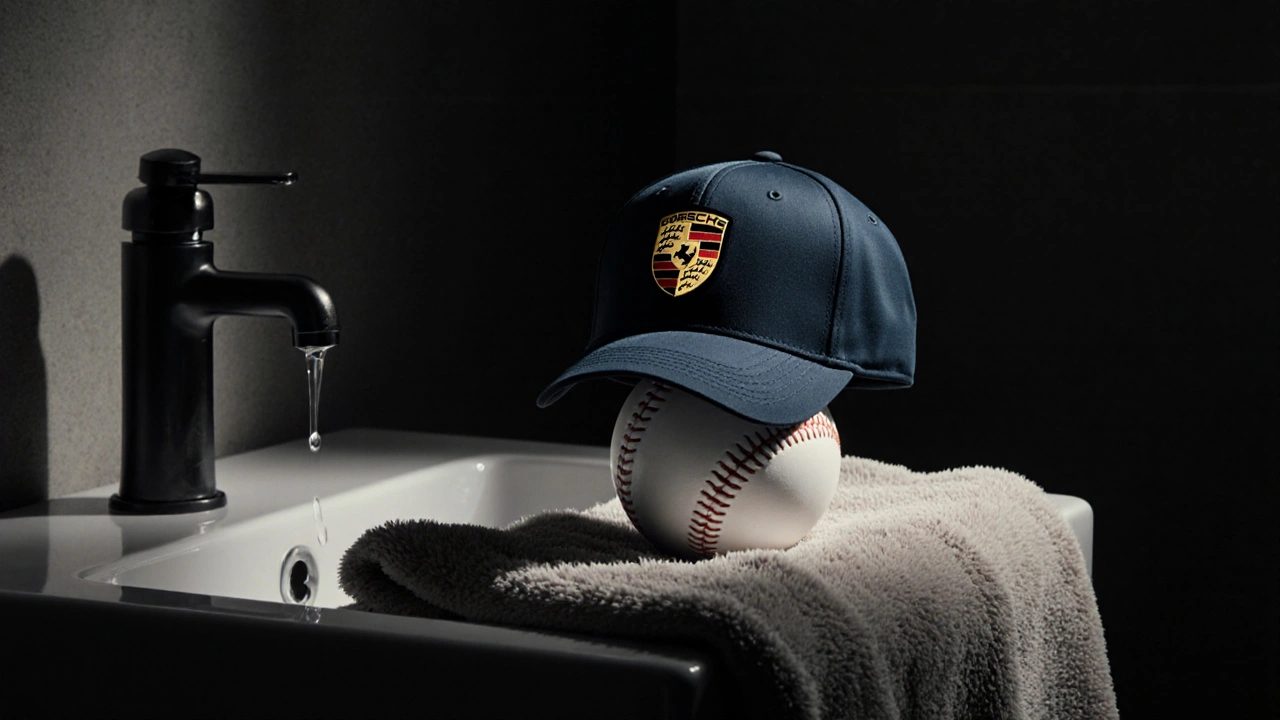 Gorra Porsche secándose sobre una pelota de béisbol, sobre una toalla limpia, sin luz solar directa.