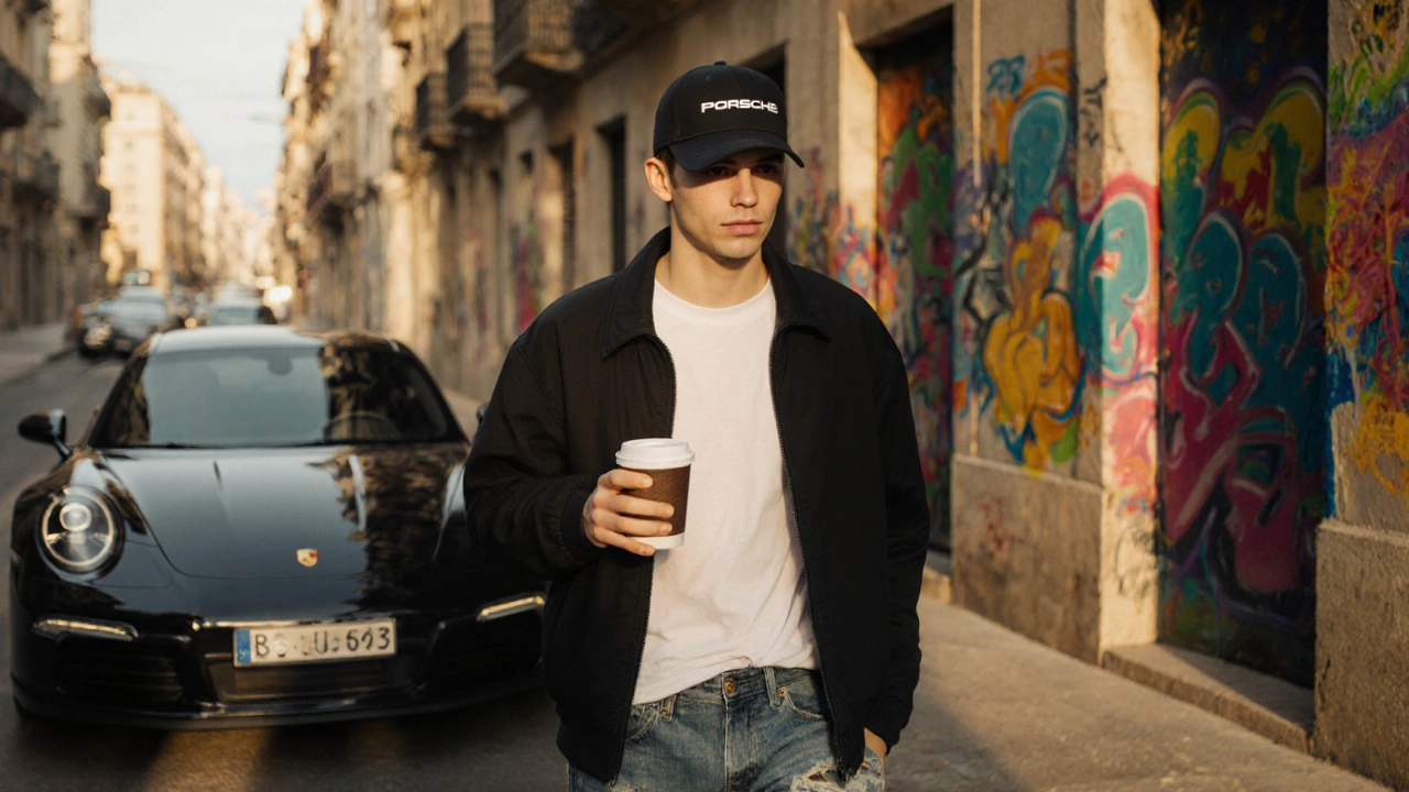 Hombre usando la gorra oficial Porsche en el barrio de Ruzafa, Barcelona, con un Porsche 911 al fondo.