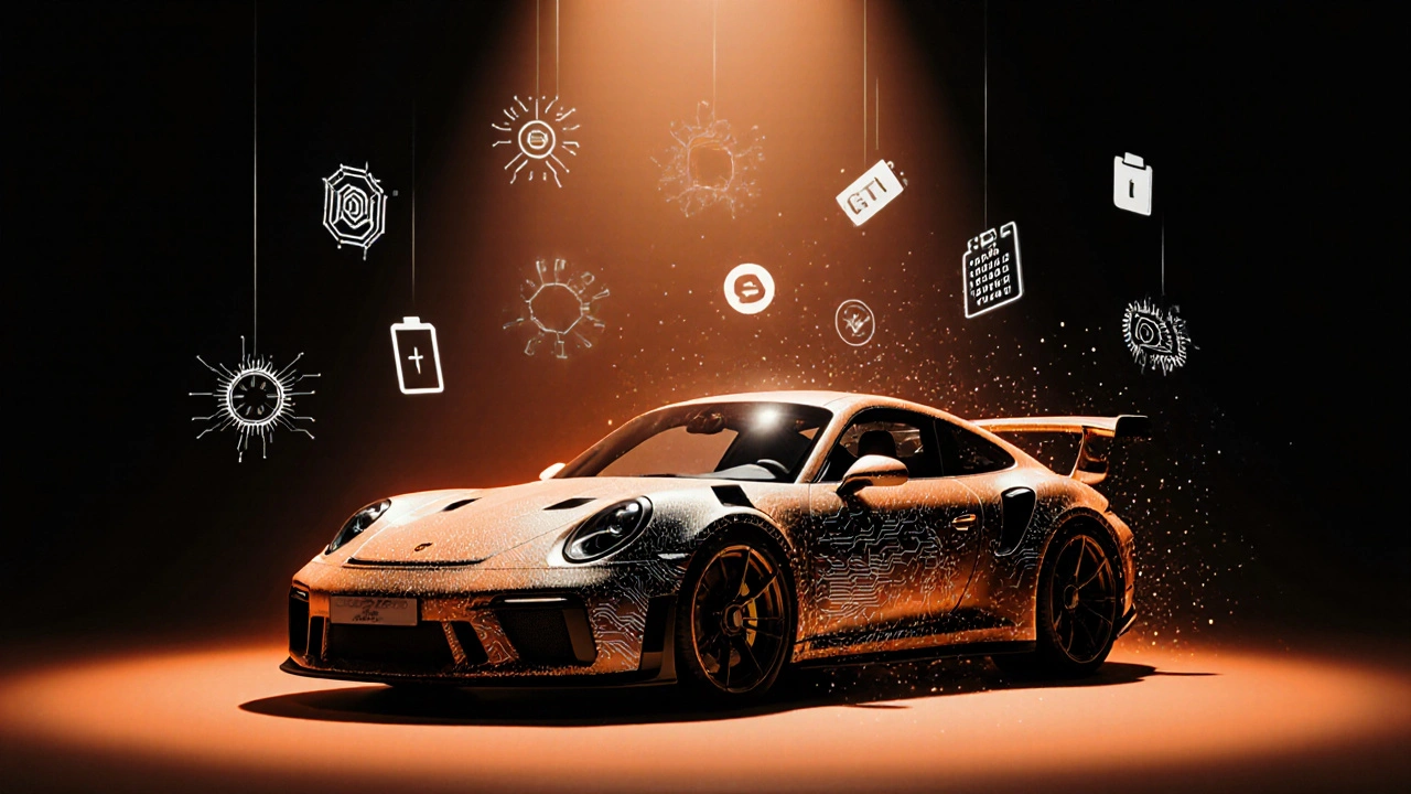 Ilustración conceptual del GT2 RS desvaneciéndose en patrones digitales, símbolo del fin de la era de combustión.