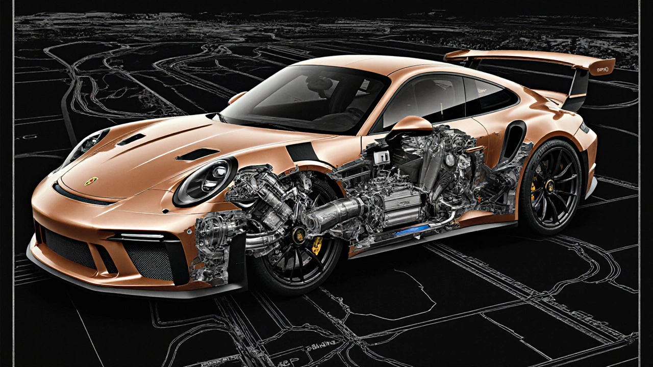 Ilustración técnica del motor y chasis de carbono del Porsche GT3 RS con líneas de flujo de aire.