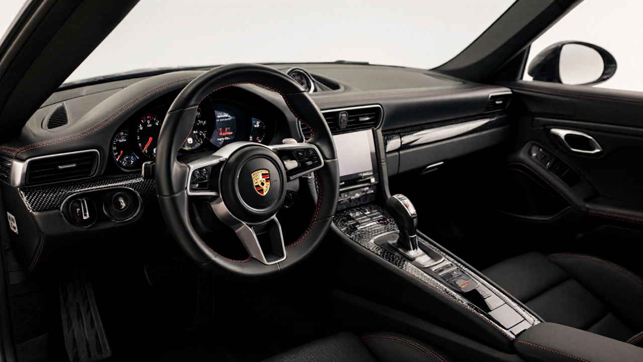 Interior lujoso del Porsche 911 Turbo S con asientos de cuero, detalles en carbono y pantalla digital del paquete Chrono.