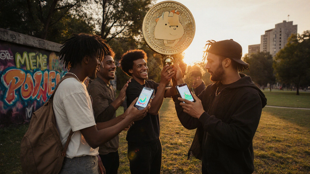 Jóvenes riendo en un parque al atardecer, mirando sus teléfonos con gráficos de criptomonedas y sosteniendo una moneda Dogecoin gigante.