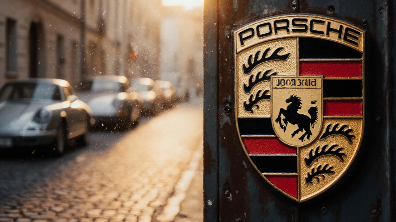 Logotipo original de Porsche en una puerta de garaje bajo la luz dorada del atardecer.
