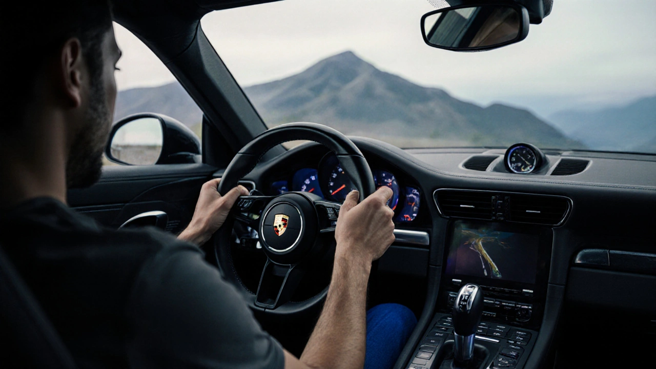 Manos del conductor sujetando el volante del Porsche 911 GT3 en una curva, sin pantallas digitales.