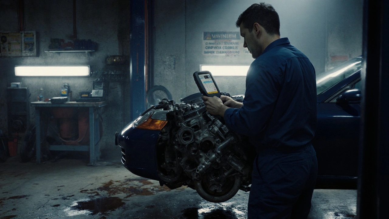 Mecánico revisando el rodillo de levas en un taller especializado en Madrid.