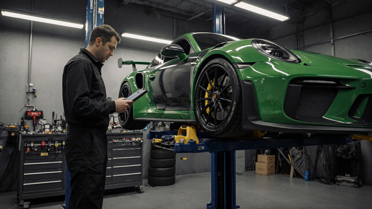 Mecánico revisando un Porsche GT3 RS usado en taller especializado con frenos de cerámica visibles.
