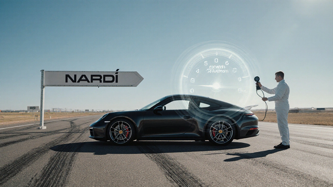 Porsche 911 Carrera S junto a una pista de pruebas con trazas de neumáticos al horizonte.