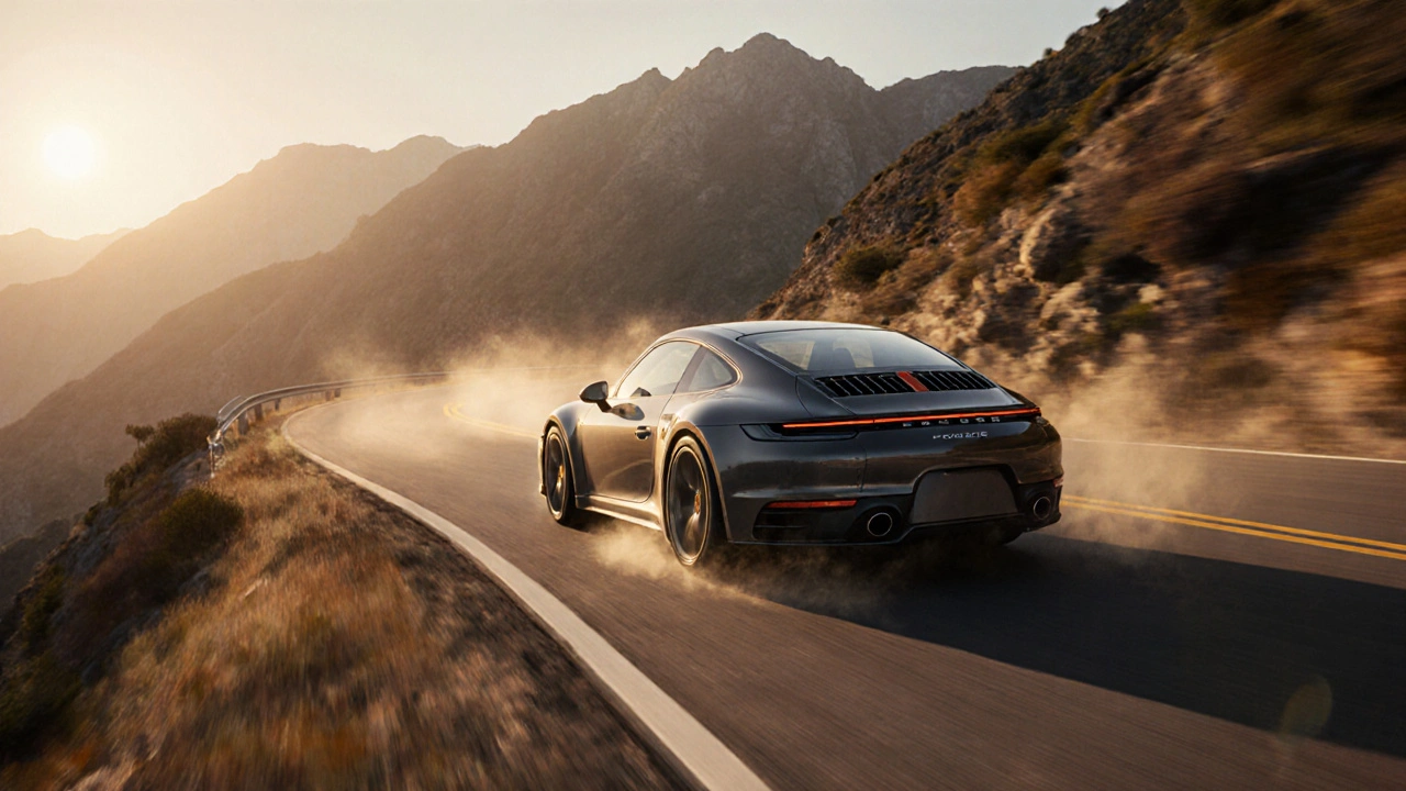 Porsche 911 Carrera S tomando una curva cerrada en una carretera de montaña.