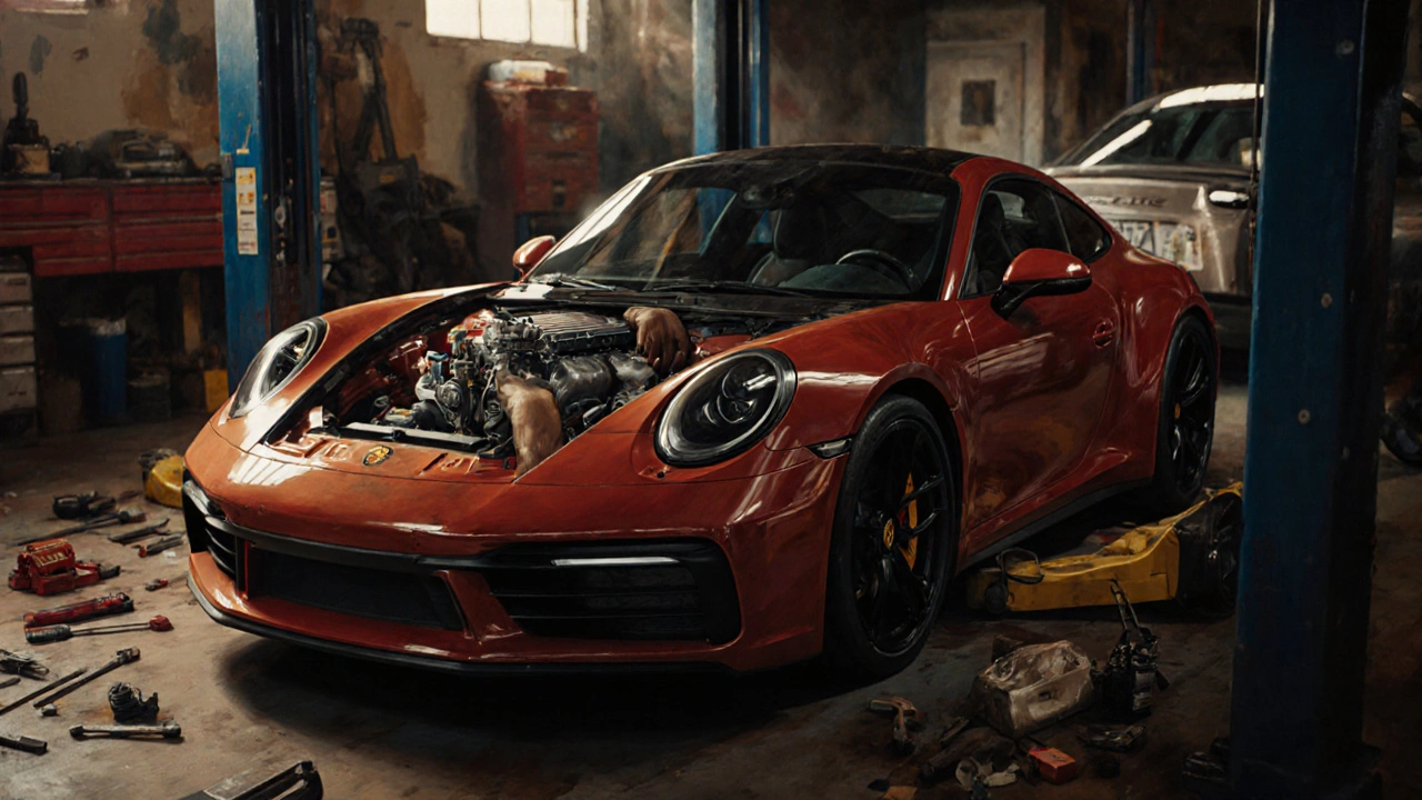 Porsche 911 con motor trasero expuesto en un taller, contrastando con un Boxster en segundo plano.