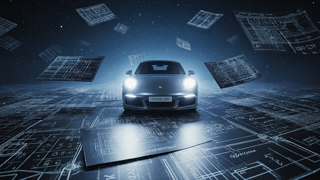 Porsche 911 flotando entre planos de ingeniería en una biblioteca cósmica de diseños.
