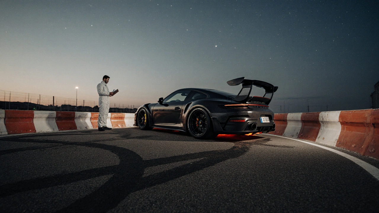 Porsche 911 GT2 RS en la pista de Nardò, Italia, con huellas de neumáticos y luz crepuscular.