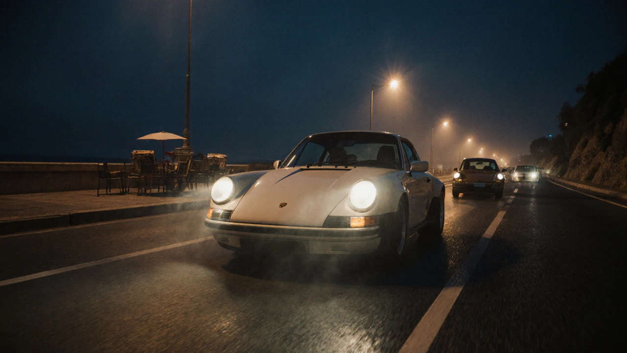 Porsche 911 moderno conduciendo por una carretera costera española de noche, con clásicos estacionados cerca.