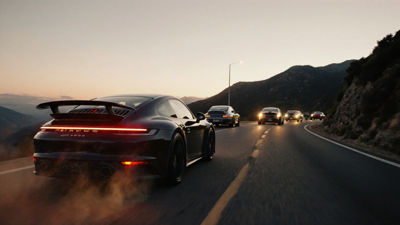 Porsche 911 moderno recorriendo un camino montañoso en España al atardecer, con otros 911 clásicos en la distancia.