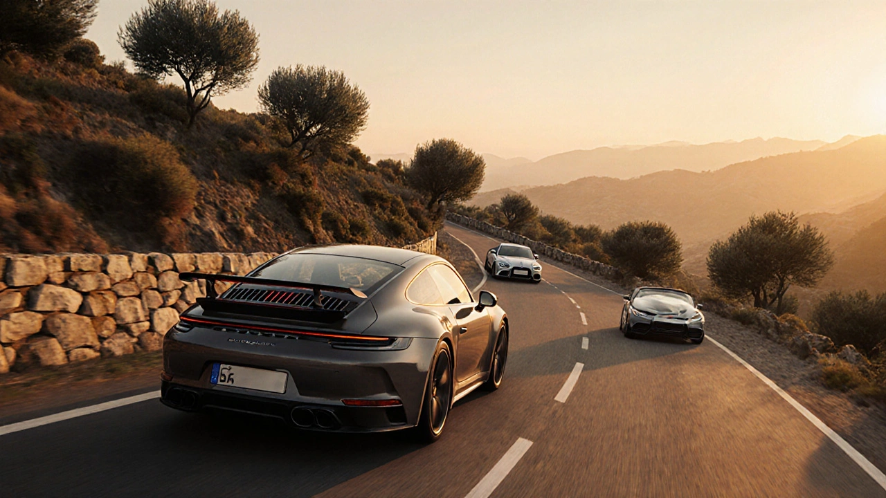 Porsche 911 tomando una curva en una carretera de montaña con precisión.