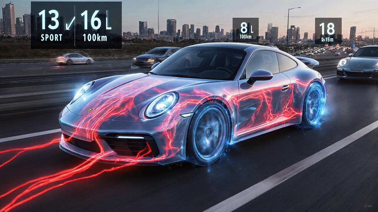 Porsche 911 transparente con flujos de combustible en colores que indican consumo según el modo de conducción.