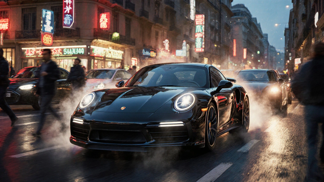 Porsche 911 Turbo S estacionado en una calle urbana española con tráfico intenso y reflejos de neones.