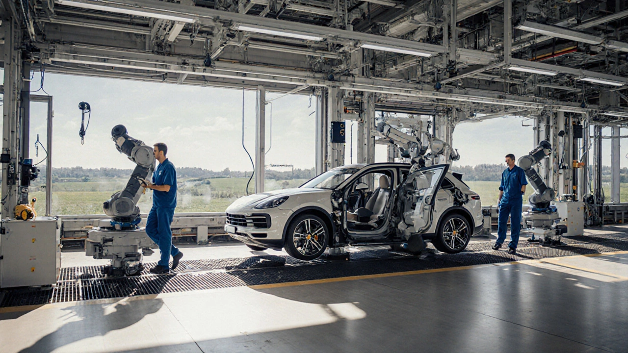 Porsche Cayenne moving along an automated assembly line in Leipzig, Germany.